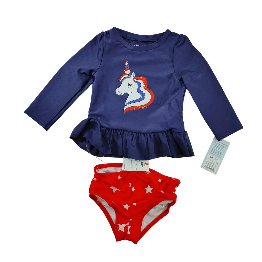 Cat Jack Toddler‎ Girl Unicorn Rash Guard Swim Top Bikini Set Red Navy Blue 18M